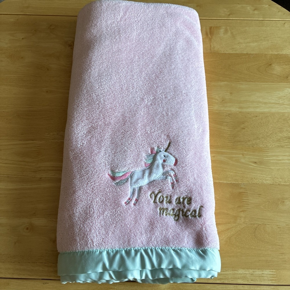 Just Born You Are Magical Pink Plush Unicorn Satin Trim Baby Blanket Lovey